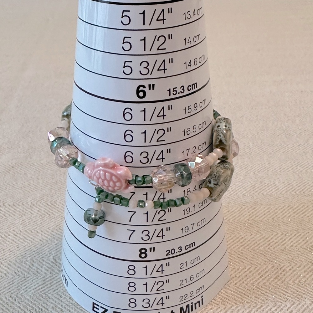 Handmade Pink & Green Ceramic Turtle Flowers Memory Wire Bracelet & Earrings Set - Picture 9 of 9